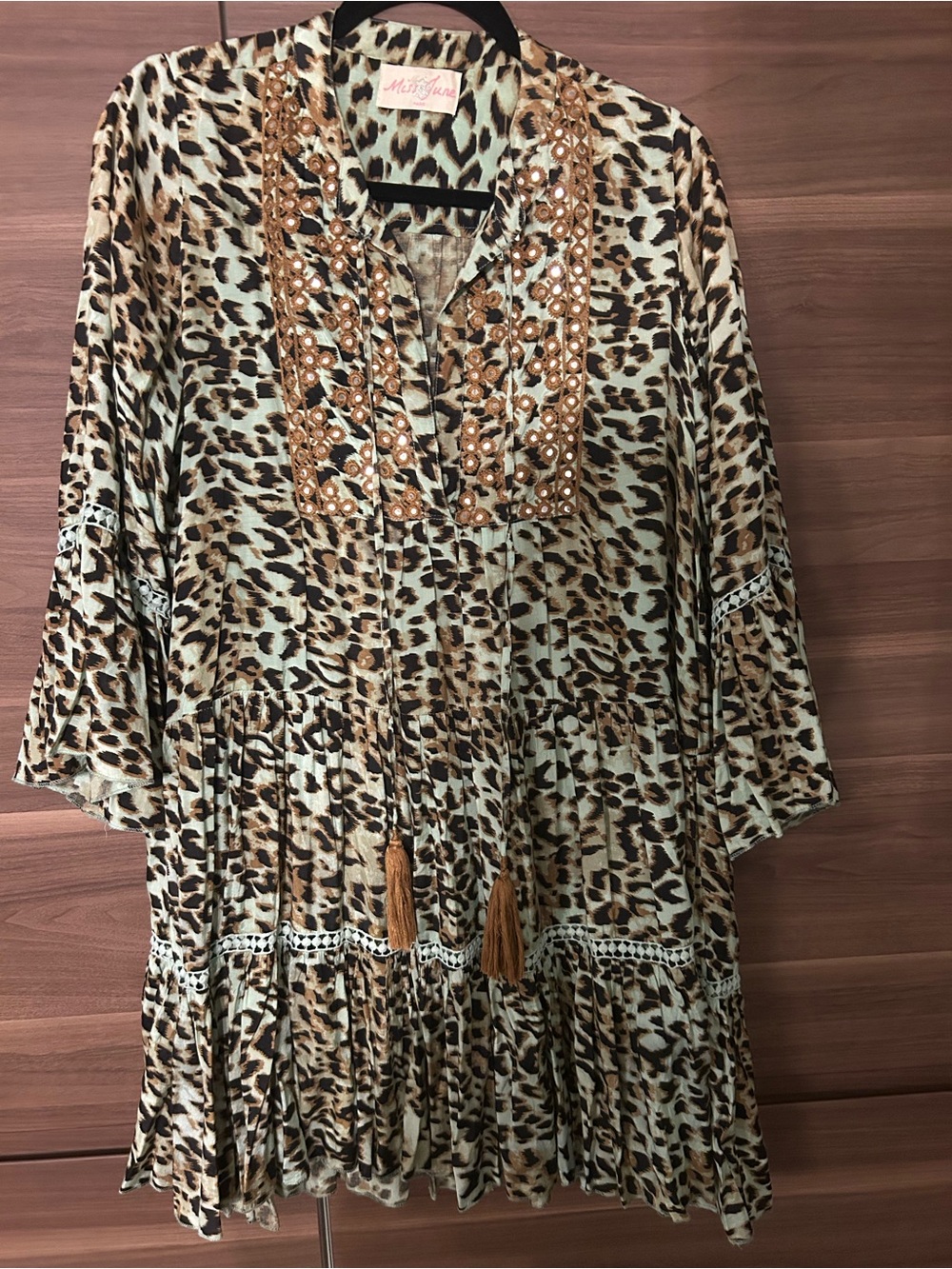 Leopard Print Embellished Tunic Dress in Brown